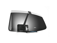 Charger l&#39;image dans la galerie, Une barre de son noire et argentée fixée sur un mur blanc. Elle possède un support noir.
