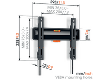 Charger l&#39;image dans la galerie, Diagramme d&#39;un support mural pour TV, avec dimensions en mm et pouces. Schéma de couleurs gris et noir.
