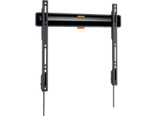 Charger l&#39;image dans la galerie, Support TV noir. Cadre métallique avec un niveau et des accents orange.
