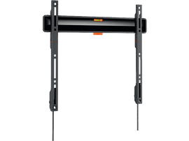 Support TV noir. Cadre métallique avec un niveau et des accents orange.