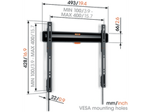 Charger l&#39;image dans la galerie, Dessin technique d&#39;un support TV. Les dimensions en mm/pouces sont indiquées. Les détails des trous de montage sont affichés.
