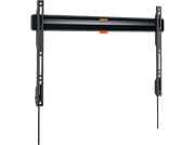 Support mural TV noir. Barre horizontale avec niveleur. Deux bras verticaux. Fond noir.