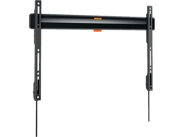 Support mural TV noir. Barre horizontale avec niveleur. Deux bras verticaux. Fond noir.