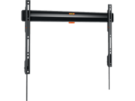 Support mural TV noir. Barre horizontale avec niveleur. Deux bras verticaux. Fond noir.
