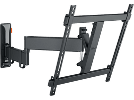 Un support mural TV noir avec un bras pivotant.