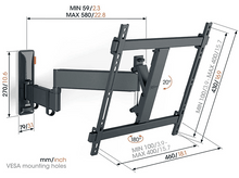 Charger l&#39;image dans la galerie, Support mural pour TV avec dimensions et angles indiqués, gris et noir, sur fond blanc.
