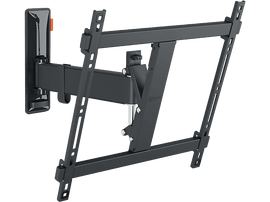 Support mural TV noir sur fond blanc, avec bras et supports réglables.