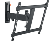 Support mural TV noir sur fond blanc, avec bras et supports réglables.