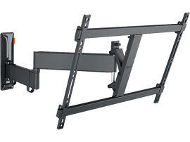 Support mural TV noir avec bras réglables et plaque de montage.