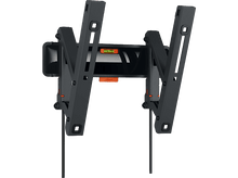 Charger l&#39;image dans la galerie, Un support TV noir avec un niveleur orange. Il possède des bras et des supports réglables.
