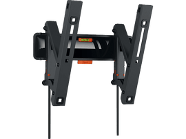 Un support TV noir avec un niveleur orange. Il possède des bras et des supports réglables.