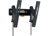 Un support TV noir avec un niveleur orange. Il possède des bras et des supports réglables.