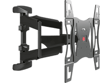 Charger l&#39;image dans la galerie, Support mural TV noir avec plusieurs bras articulés et un accent rouge.
