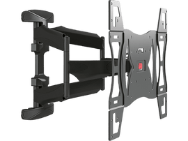 Support mural TV noir avec plusieurs bras articulés et un accent rouge.