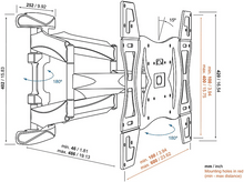 Charger l&#39;image dans la galerie, Un diagramme en noir et blanc d&#39;un support TV avec mesures et angles. Fond blanc.
