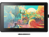 Tablette graphique avec de l'art fantastique coloré. Un stylet est placé sous l'écran.