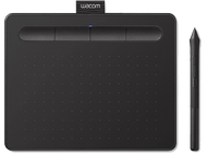 Une tablette graphique Wacom et un stylet noirs. Il y a quatre boutons en haut.