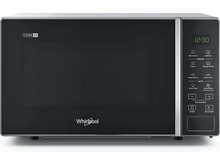 Charger l&#39;image dans la galerie, Four micro-ondes Whirlpool noir avec affichage numérique et boutons de commande sur blanc.
