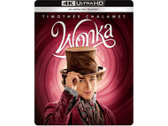 Affiche du film 'Wonka', avec Timothée Chalamet en haut-de-forme sur fond tourbillonnant.