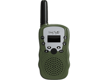 Charger l&#39;image dans la galerie, Talkie-walkie, corps vert, antenne noire et écran. Boutons : Lampe, Z, Menu, Parler, Mon. Texte : Wouky Toys.
