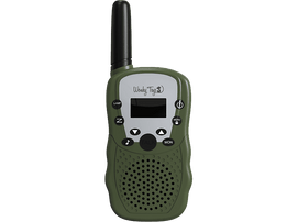 Talkie-walkie, corps vert, antenne noire et écran. Boutons : Lampe, Z, Menu, Parler, Mon. Texte : Wouky Toys.