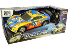 Charger l&#39;image dans la galerie, Voiture de rallye jouet dans une boîte. La voiture est colorée avec des décalcomanies de course. La boîte porte l&#39;image de la voiture et les mots &#39;RALLY CAR&#39;.
