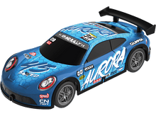 Charger l&#39;image dans la galerie, Voiture de course jouet bleue avec détails rouges et logos de sponsors, sur fond noir.
