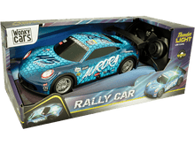 Charger l&#39;image dans la galerie, Voiture télécommandée bleue, étiquetée &quot;Rally Car&quot; avec lumières, sur une surface blanche.
