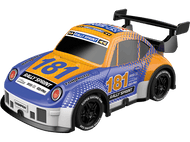 Voiture de course jouet avec des couleurs bleues, oranges et blanches, avec le numéro 181.