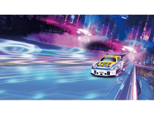 Charger l&#39;image dans la galerie, Une voiture de course jouet traversant une ville futuriste. La voiture est bleue et blanche.
