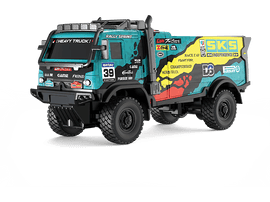 Camion lourd jouet, turquoise et bleu avec des graphiques colorés.