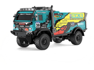 Camion lourd jouet, turquoise et bleu avec des graphiques colorés.