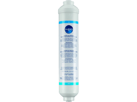 Filtre à eau, cylindrique blanc, texte bleu, indicateurs d