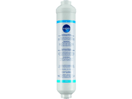 Filtre à eau, cylindrique blanc, texte bleu, indicateurs d'entrée et de sortie, logo wpro.