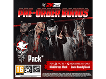 Charger l&#39;image dans la galerie, Une publicité pour WWE 2K25 avec des personnages masqués, du texte et des logos, sur fond rouge.
