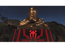 Charger l&#39;image dans la galerie, Statue dorée d&#39;un homme sur une plateforme noire et rouge, avec un ciel nocturne en arrière-plan.
