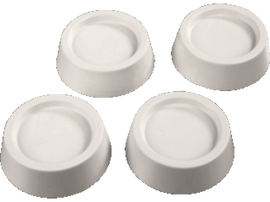 Quatre objets blancs, circulaires, en forme de coupe renversée. Ils ont une rainure circulaire.