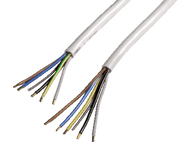 Deux fils gris avec de multiples fils colorés émergeant de leurs extrémités. Les fils sont coupés.