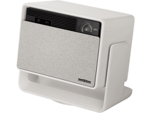 Charger l&#39;image dans la galerie, Projecteur blanc avec un haut-parleur gris. Incliné vers le spectateur. Support blanc.
