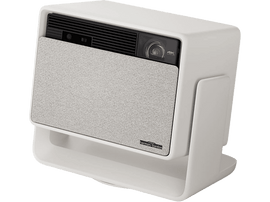 Projecteur blanc avec un haut-parleur gris. Incliné vers le spectateur. Support blanc.