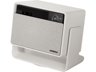 Projecteur blanc avec un haut-parleur gris. Incliné vers le spectateur. Support blanc.