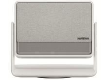 Charger l&#39;image dans la galerie, Haut-parleur blanc et gris avec façade en tissu et support blanc.
