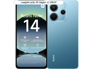 Téléphone Redmi Note 14 bleu. L'avant et l'arrière sont visibles. Comprend un système de caméra et des infos écran.