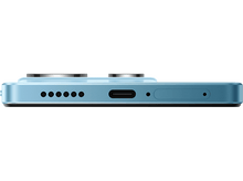 Charger l&#39;image dans la galerie, Vue inférieure smartphone bleu avec port de charge, haut-parleurs et microphone. Fond noir.
