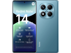 Téléphone Redmi Note 14 Pro, dos bleu avec caméras, face avant avec écran affichant des données.