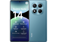 Téléphone Redmi Note 14 Pro, dos bleu avec caméras, face avant avec écran affichant des données.