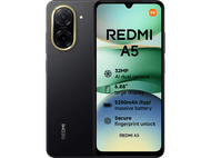 Smartphone Redmi A5 noir. L'écran affiche : 32MP, double caméra, écran 6,88