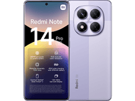 Téléphone Redmi Note 14 Pro 5G, montrant l'arrière et l'écran. Violet, avec trois caméras et un écran.