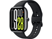 Une montre connectée noire avec un écran incurvé et un bracelet noir. L'heure est 09:28.