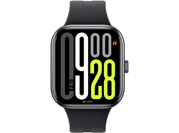 Une montre connectée noire avec un écran carré, affichant l'heure et le pourcentage de batterie.